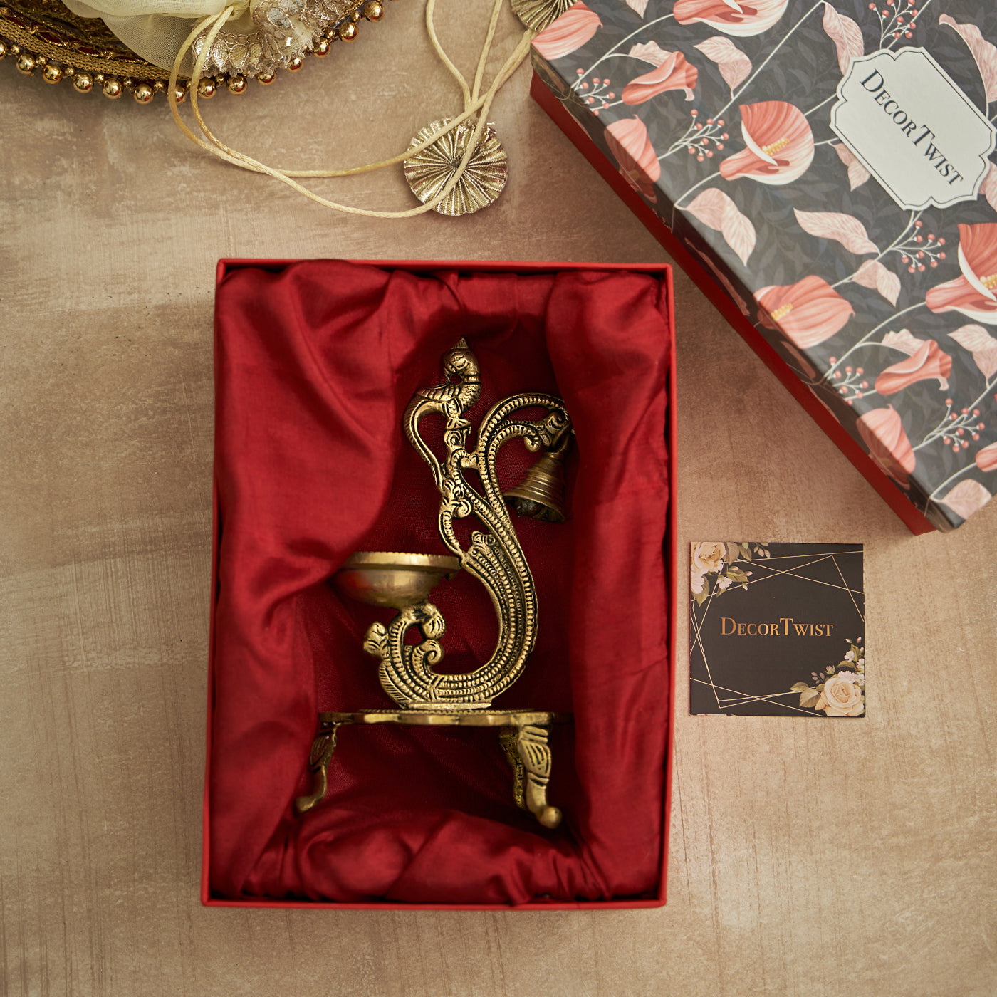 Brass Oil Peacock Diya With Bell With Gift Box