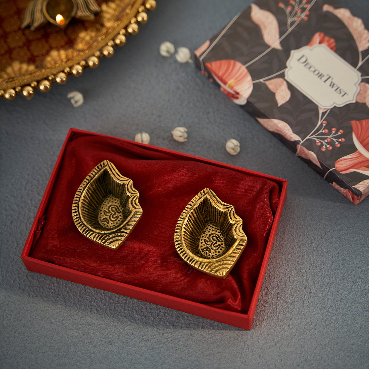 Auspicious Brass Om Diya Set of 2 With Gift Box