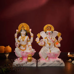 Lord Ganesha And Lakshmi Idol In Marble Dust Hand Painted