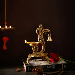 Brass Oil Peacock Diya With Bell With Gift Box