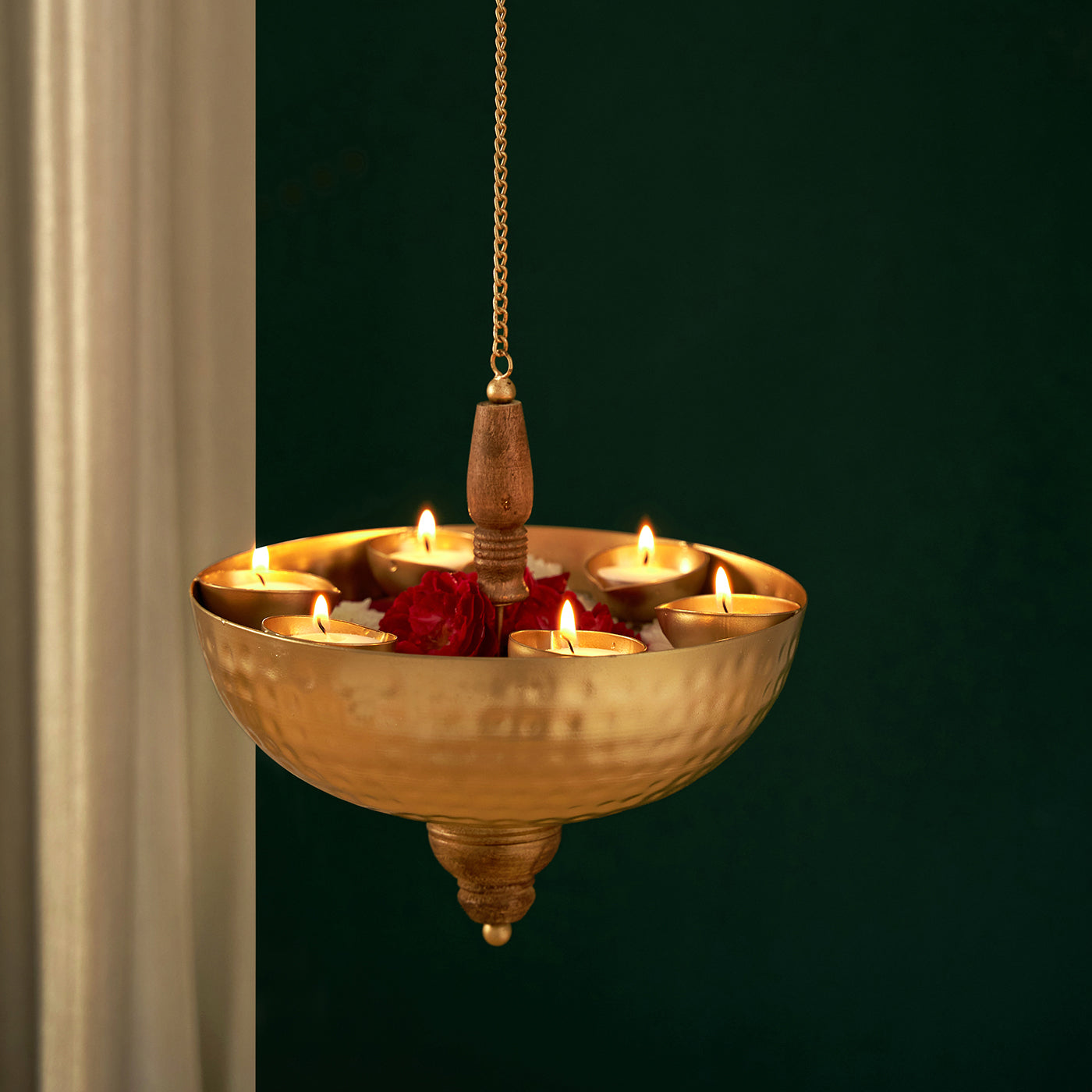 Golden Metal & Wooden Hanging With 6 Diyas