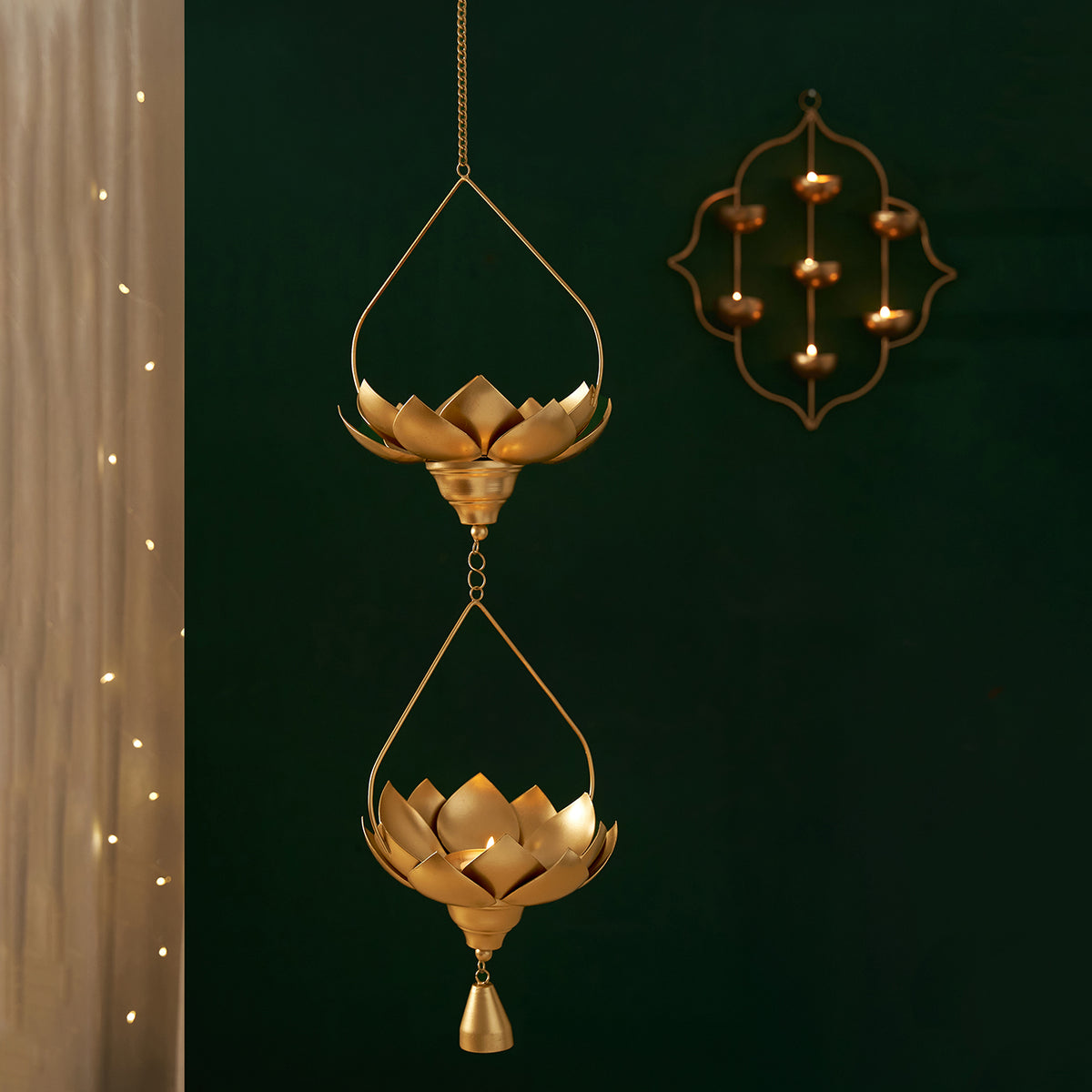 Golden Metal Lotus Flower Tea Light Holder Hanging