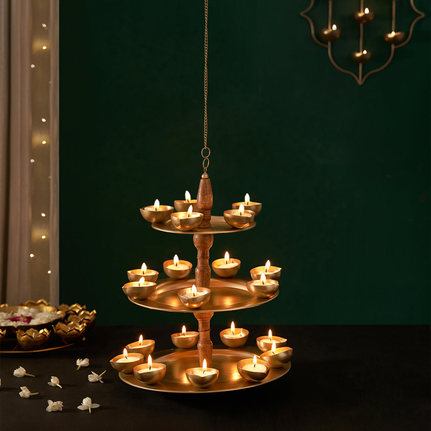 Golden Metal & Wood 3 Layered Hanging Tea Light Holder With 21 Diyas