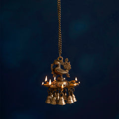 Brass Peacock Diya Bell with Chain Wall Hanging