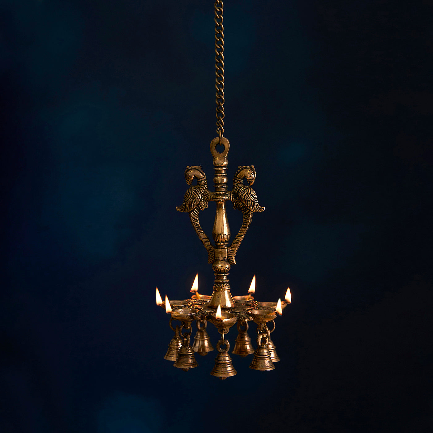 Brass Peacock Parrot Hanging Diya with Bells for Home Temple