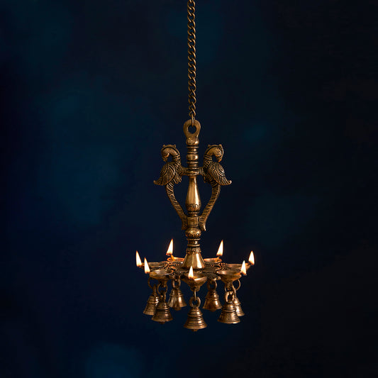 Brass Peacock Parrot Hanging Diya with Bells for Home Temple