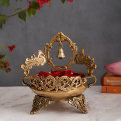 Ethnic Carved Traditional Decorative Brass Bird Urli Bowl with Bell
