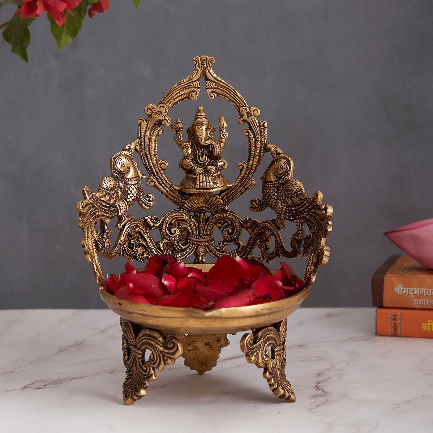 Brass Ganesha Peacock Large Diya/Urli With Antique Finish