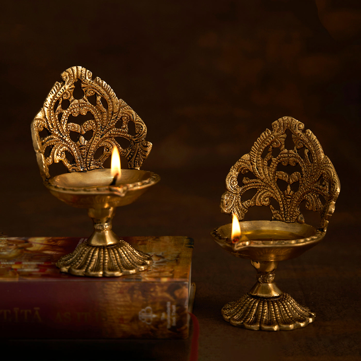 Brass Ethnic Handcarved Petal Diya/Lamp (Set of 2)