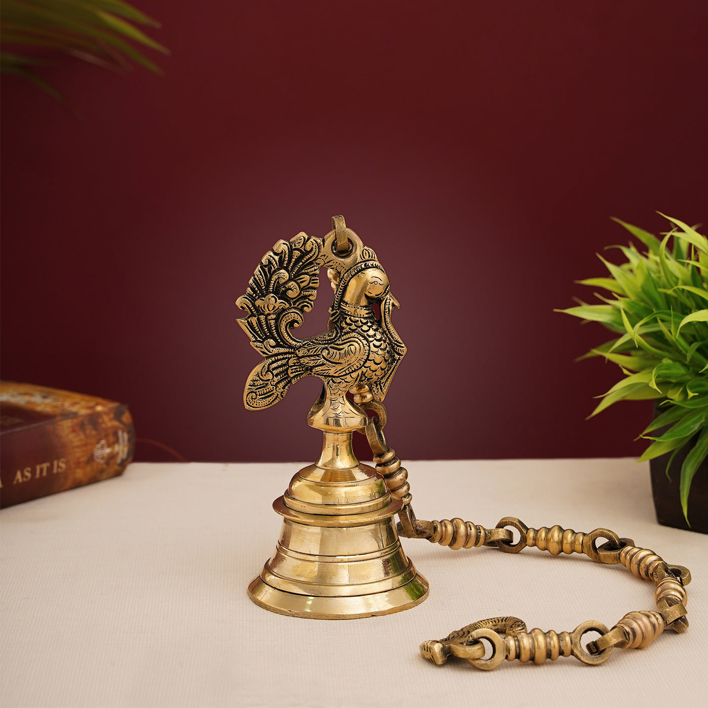 Traditional Brass Peacock Temple Hanging Bell With Antique Finish