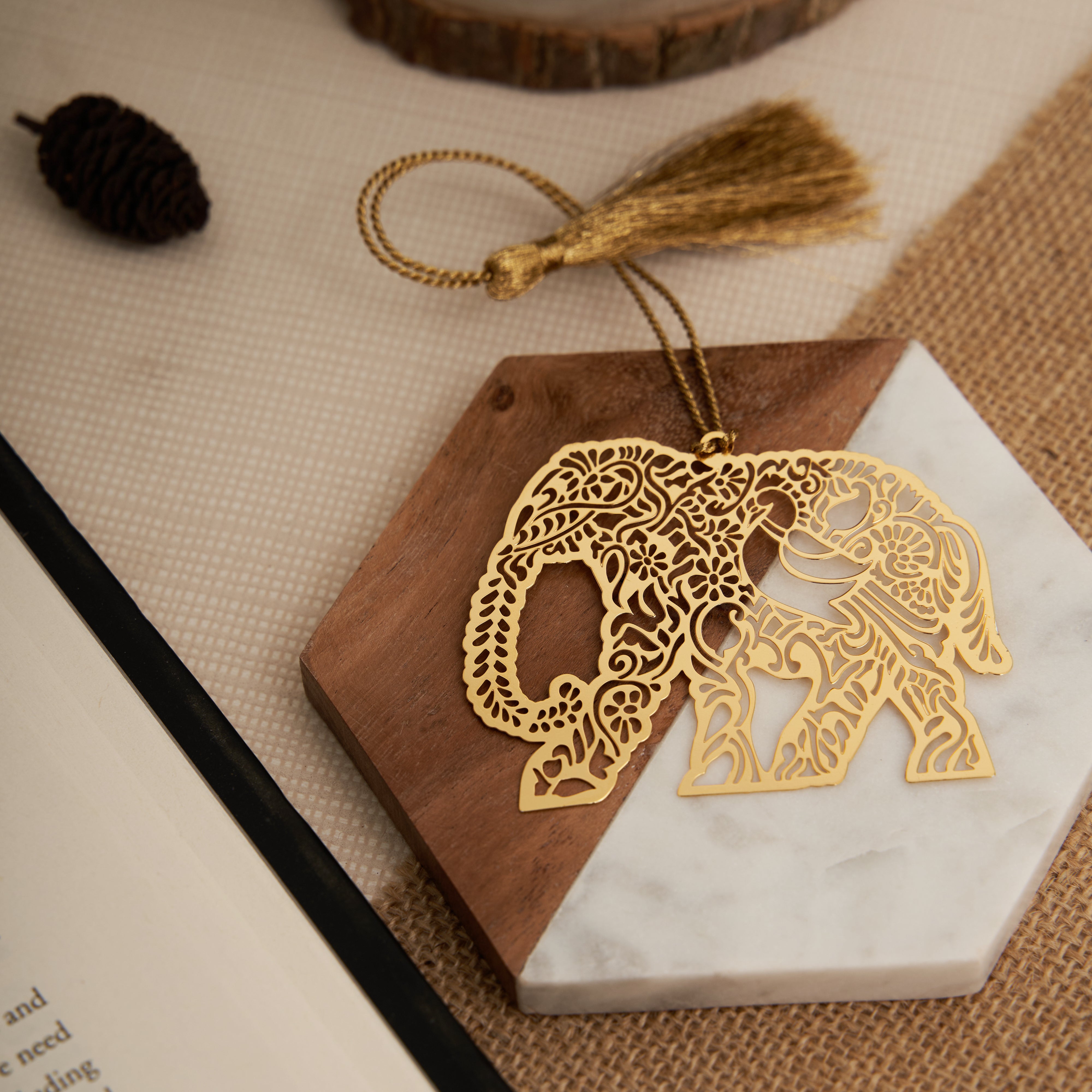 Brass Bookmark with Intricate Elephant Design in Golden Finish and Tassel