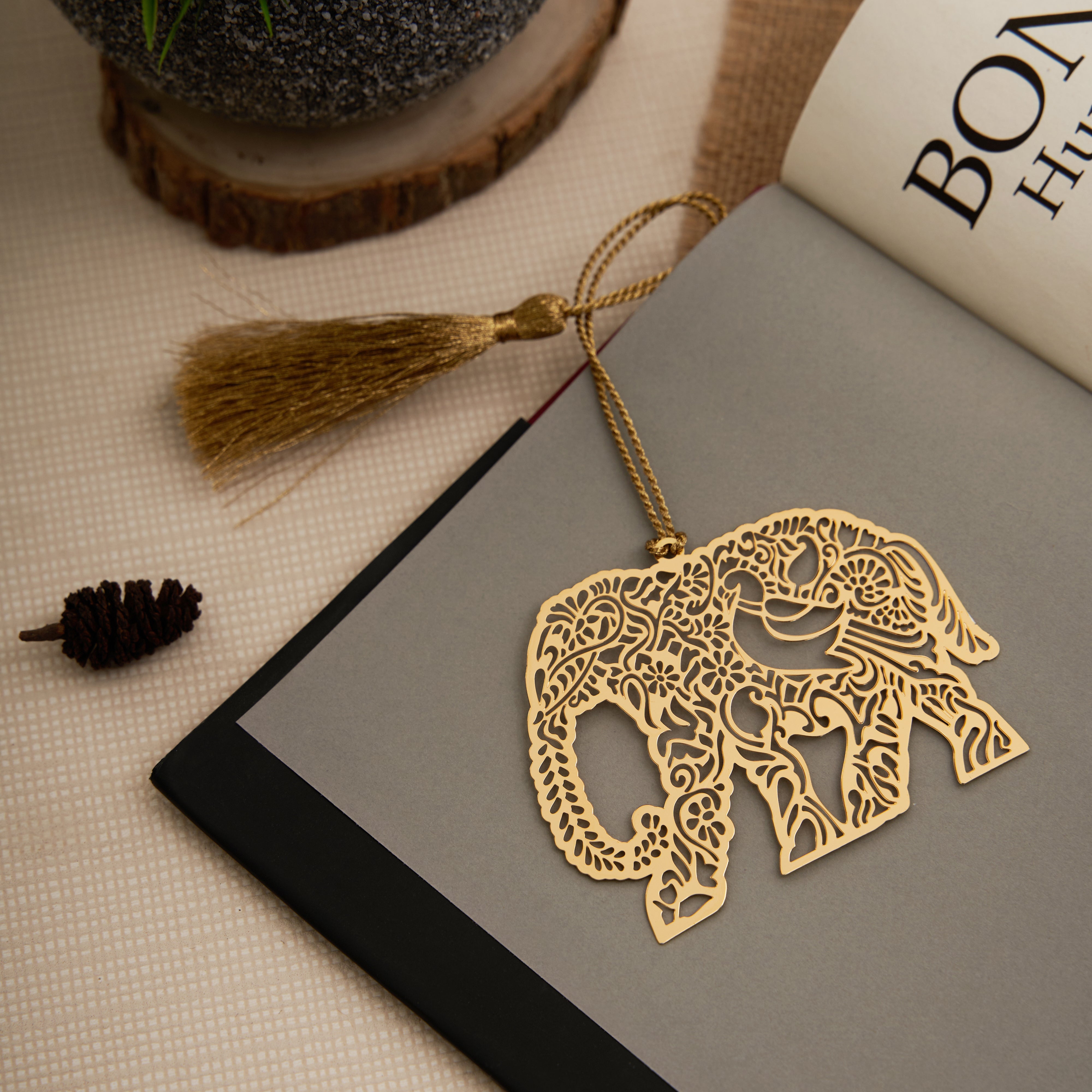 Brass Bookmark with Intricate Elephant Design in Golden Finish and Tassel
