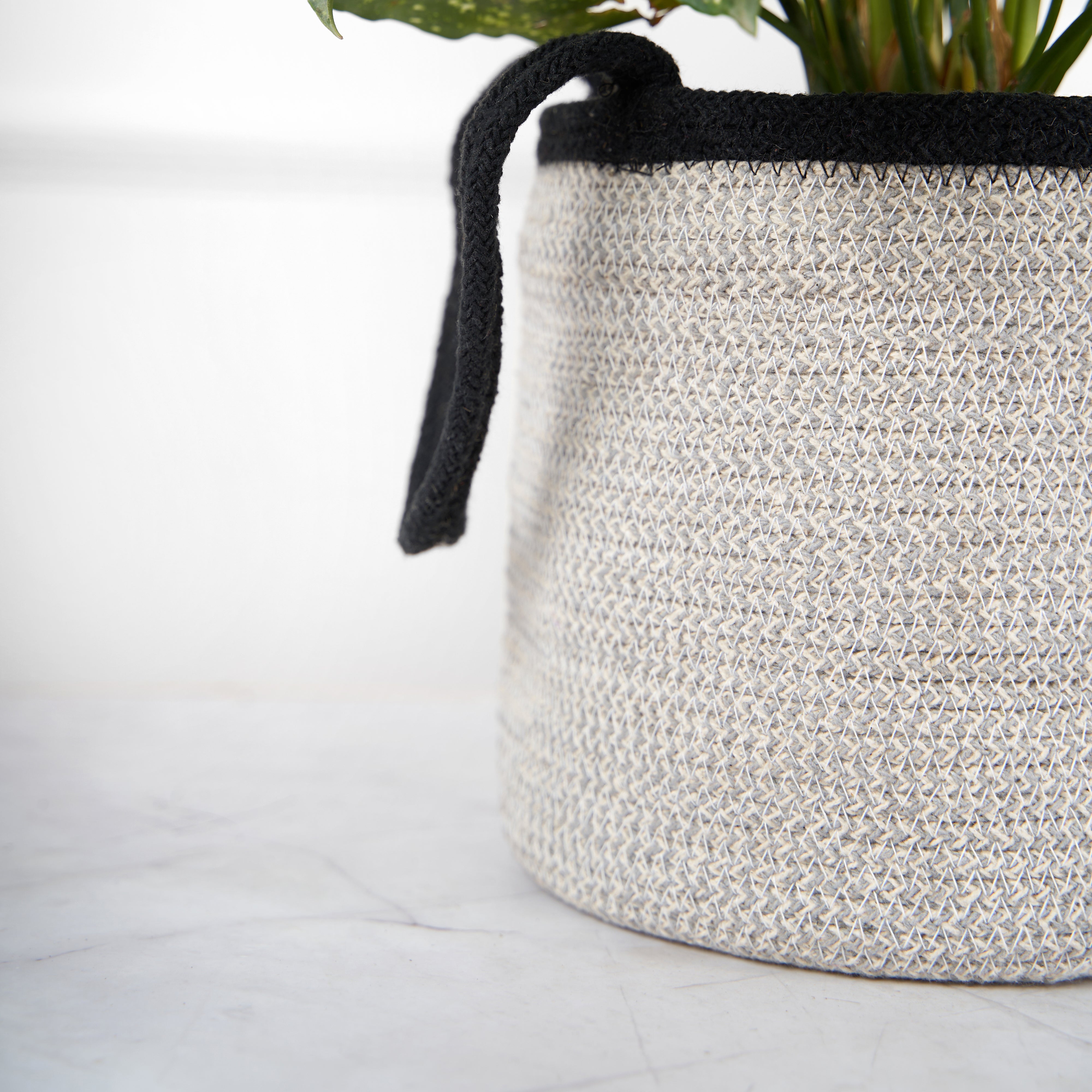 Designer Grey & Black Braided Cotton Planter/Basket With Handle