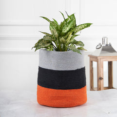 Designer Braided Cotton Planter/Basket Grey, Black & Orange
