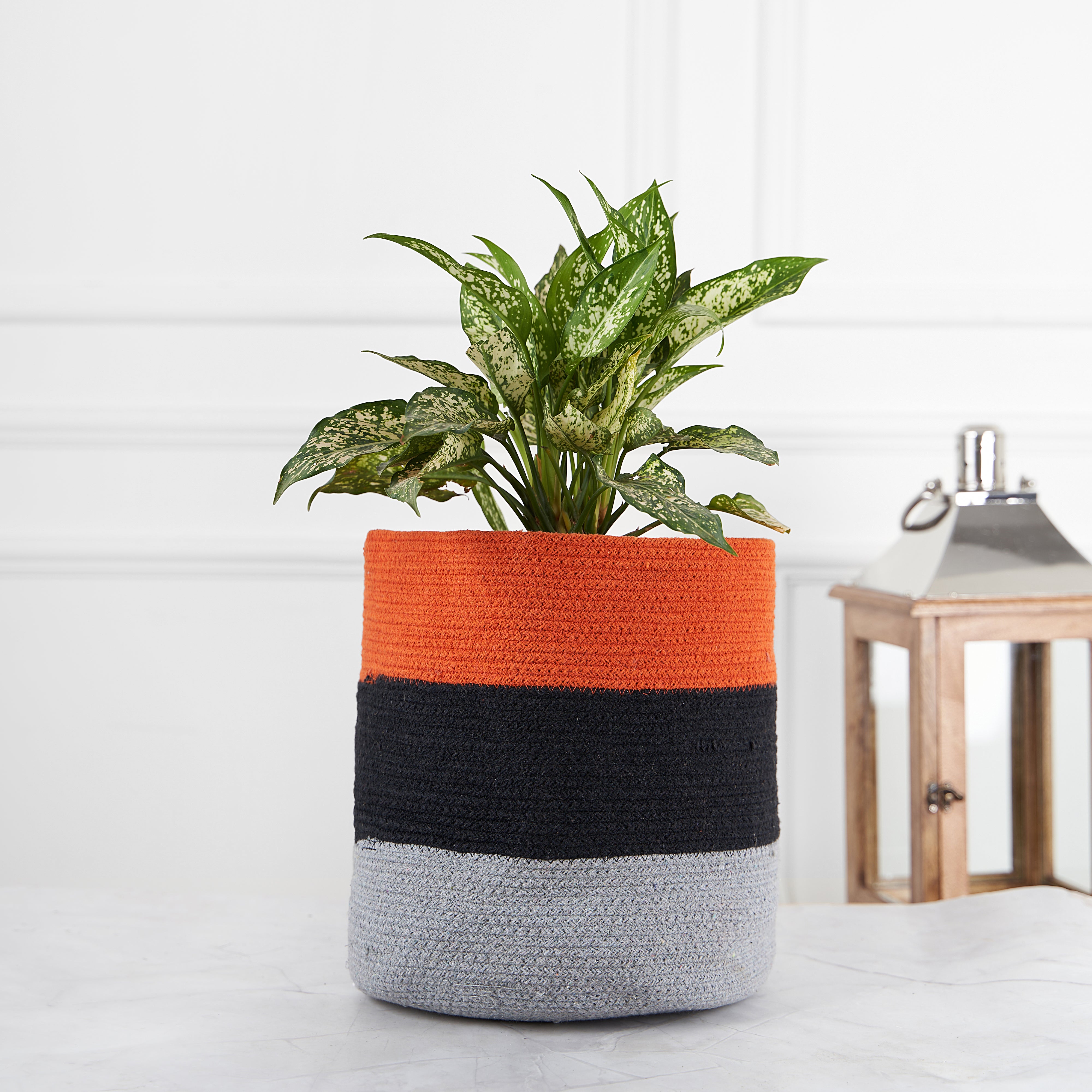 Designer Braided Cotton Planter/Basket Orange, Black & Grey