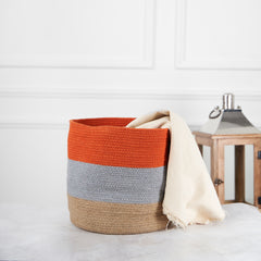 Designer Braided Cotton Planter/Basket Orange, Grey & Beige