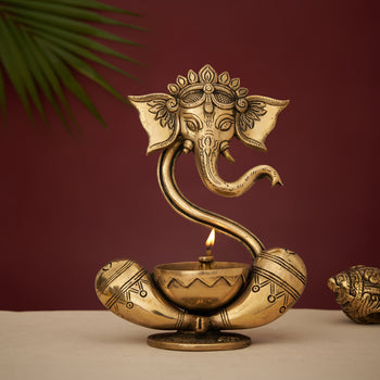 Brass Modern Ganesha Idol With Akhand Diya