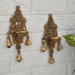 Brass Wall Fixed Hanging Diya With Bells (Set of 2)