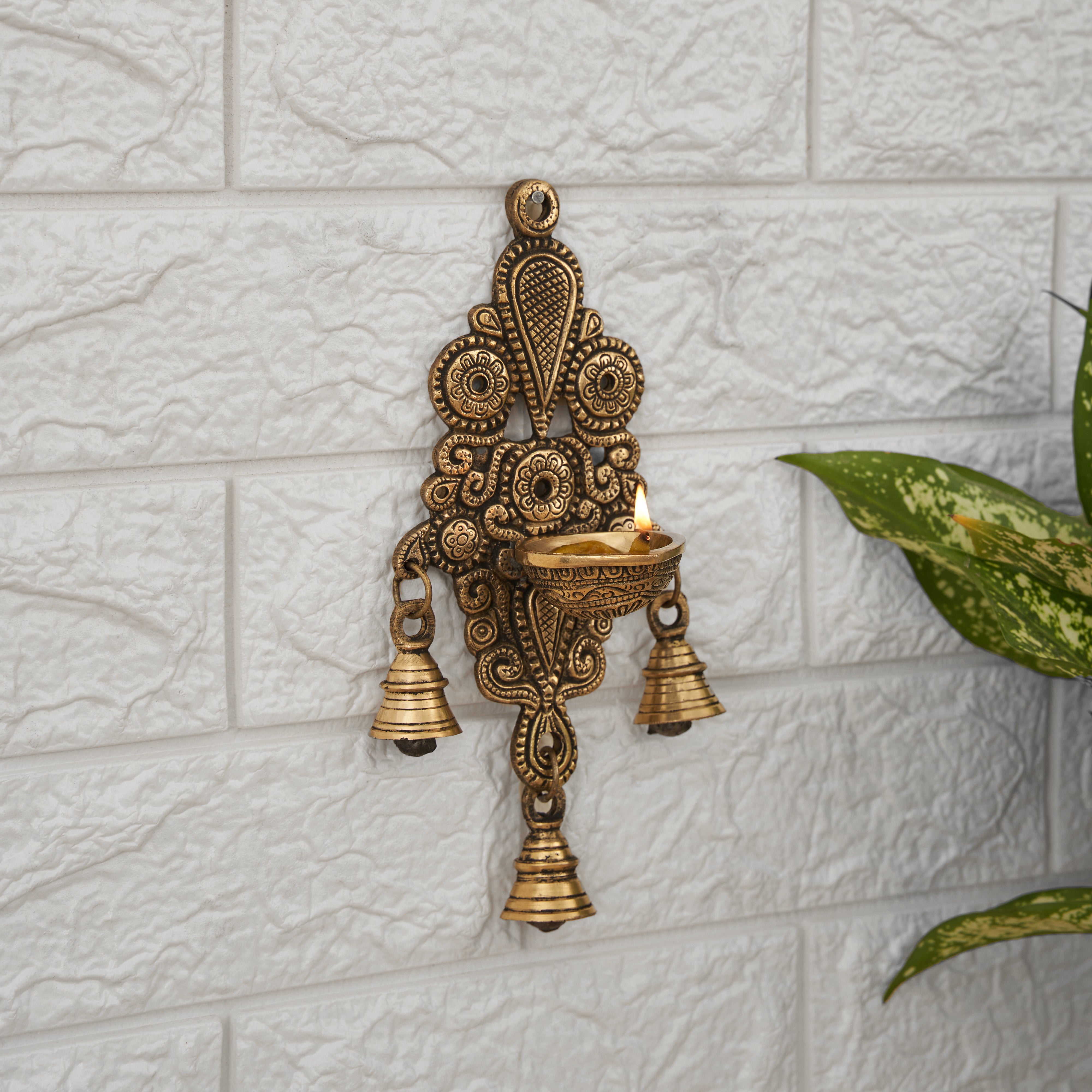 Brass Wall Fixed Hanging Diya With Bells
