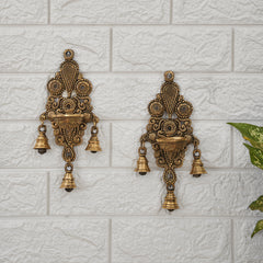 Brass Wall Fixed Hanging Diya With Bells (Set of 2)