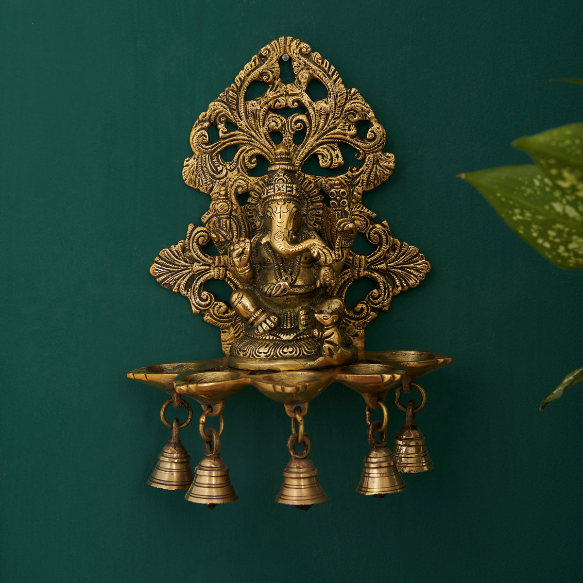 Vignharta Brass Ganesha Wall Hanging With Diya And Bell